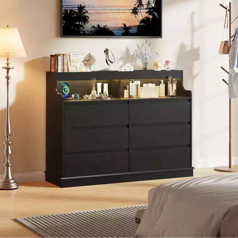 Acekool 6-Drawer Dresser with LED Lights & Charging Station, Modern Wide Storage Chest for Bedroom & Living Room