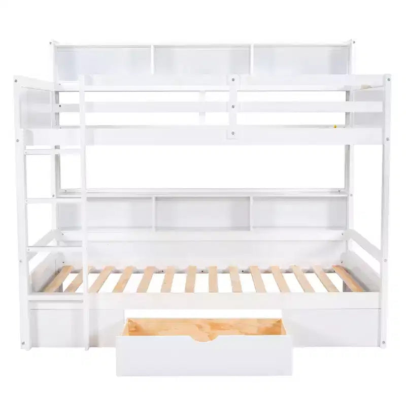 Okak Twin Size Multifunction Bunk Bed with Built-in Shelves Loft Bed with Storage Drawer Solid Wood for Kids Teens, Easy Assemble