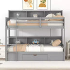 Okak Twin Size Multifunction Bunk Bed with Built-in Shelves Loft Bed with Storage Drawer Solid Wood for Kids Teens, Easy Assemble