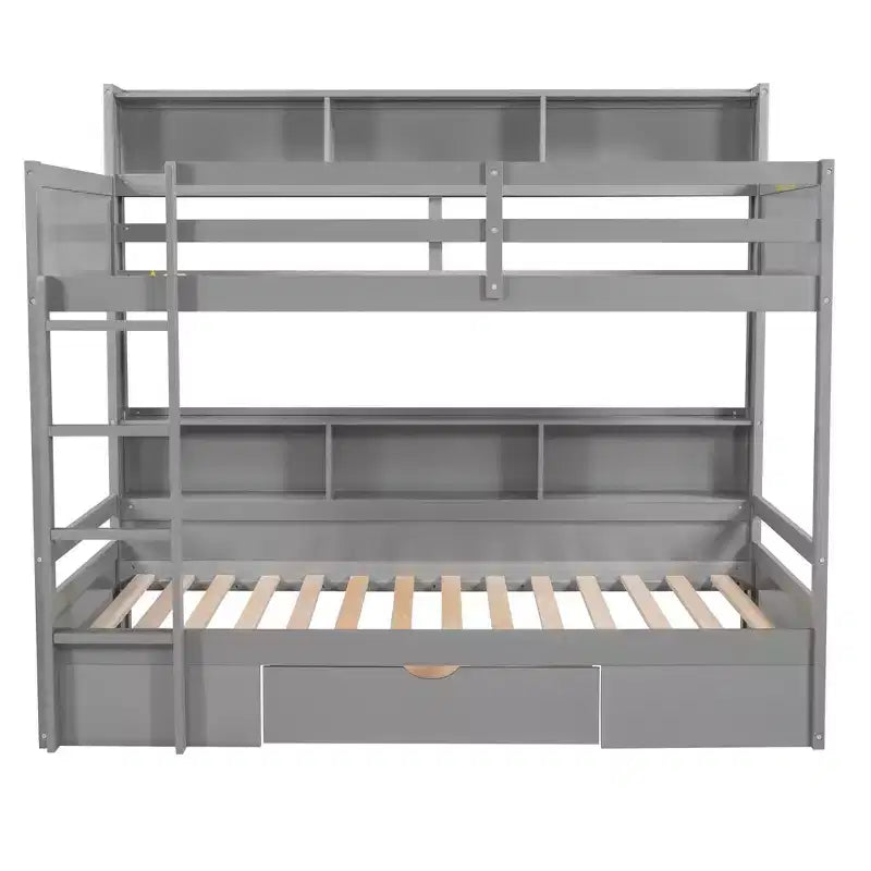 Okak Twin Size Multifunction Bunk Bed with Built-in Shelves Loft Bed with Storage Drawer Solid Wood for Kids Teens, Easy Assemble