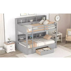 Okak Twin Size Multifunction Bunk Bed with Built-in Shelves Loft Bed with Storage Drawer Solid Wood for Kids Teens, Easy Assemble