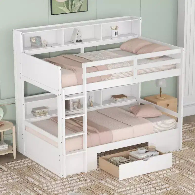 Okak Twin Size Multifunction Bunk Bed with Built-in Shelves Loft Bed with Storage Drawer Solid Wood for Kids Teens, Easy Assemble