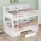 Okak Twin Size Multifunction Bunk Bed with Built-in Shelves Loft Bed with Storage Drawer Solid Wood for Kids Teens, Easy Assemble