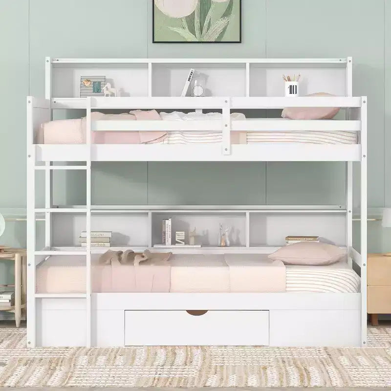 Okak Twin Size Multifunction Bunk Bed with Built-in Shelves Loft Bed with Storage Drawer Solid Wood for Kids Teens, Easy Assemble