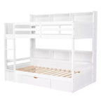 Okak Twin Size Multifunction Bunk Bed with Built-in Shelves Loft Bed with Storage Drawer Solid Wood for Kids Teens, Easy Assemble