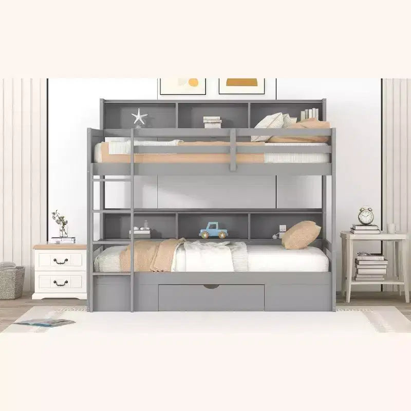 Okak Twin Size Multifunction Bunk Bed with Built-in Shelves Loft Bed with Storage Drawer Solid Wood for Kids Teens, Easy Assemble