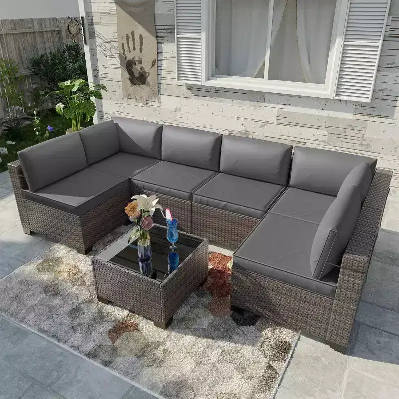 Ensemble de meubles de patio ALAULM 7 pièces Sectionnel extérieur en rotin PE Canapé brun Ensemble de conversation en osier manuel pour patio