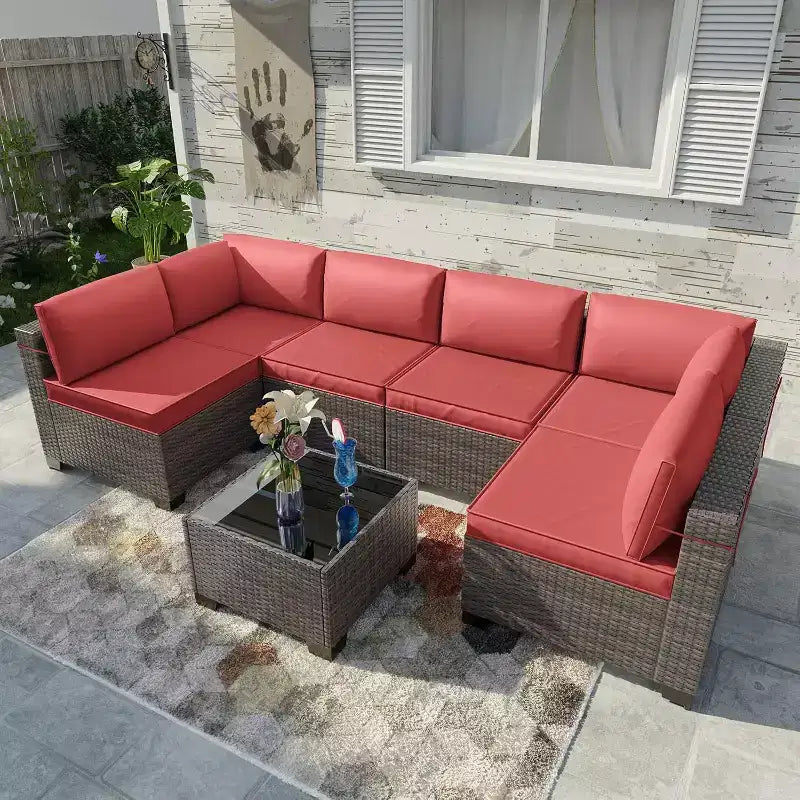 Ensemble de meubles de patio ALAULM 7 pièces Sectionnel extérieur en rotin PE Canapé brun Ensemble de conversation en osier manuel pour patio