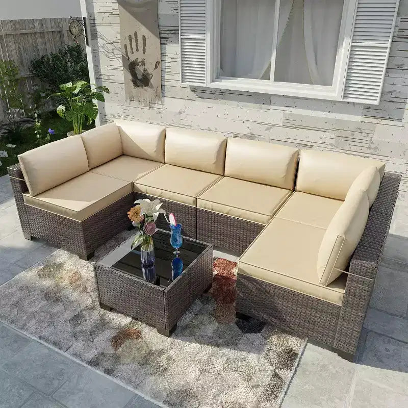 Ensemble de meubles de patio ALAULM 7 pièces Sectionnel extérieur en rotin PE Canapé brun Ensemble de conversation en osier manuel pour patio
