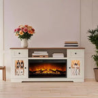 Meuble TV Dyonery avec cheminée pour téléviseur de 80 pouces, centre de divertissement avec cheminée et lumières LED, avec tiroirs de rangement et armoires pour salon, blanc