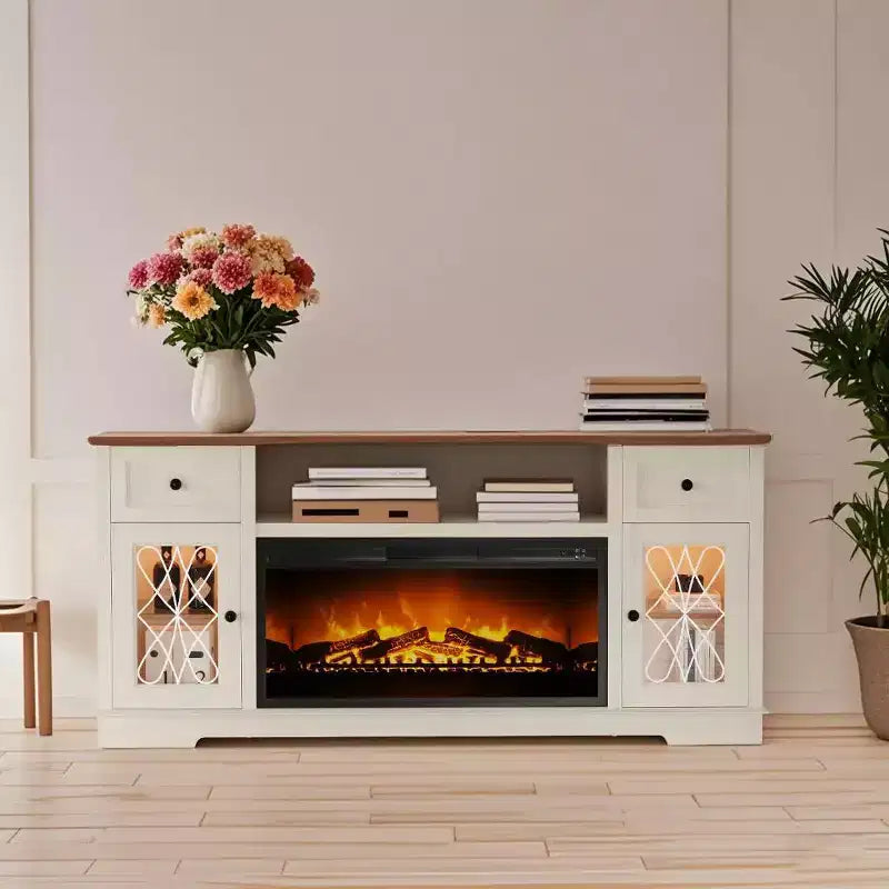 Meuble TV Dyonery avec cheminée pour téléviseur de 80 pouces, centre de divertissement avec cheminée et lumières LED, avec tiroirs de rangement et armoires pour salon, blanc