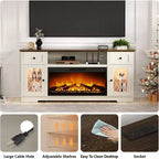Meuble TV Dyonery avec cheminée pour téléviseur de 80 pouces, centre de divertissement avec cheminée et lumières LED, avec tiroirs de rangement et armoires pour salon, blanc