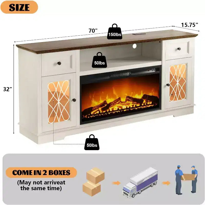 Meuble TV Dyonery avec cheminée pour téléviseur de 80 pouces, centre de divertissement avec cheminée et lumières LED, avec tiroirs de rangement et armoires pour salon, blanc