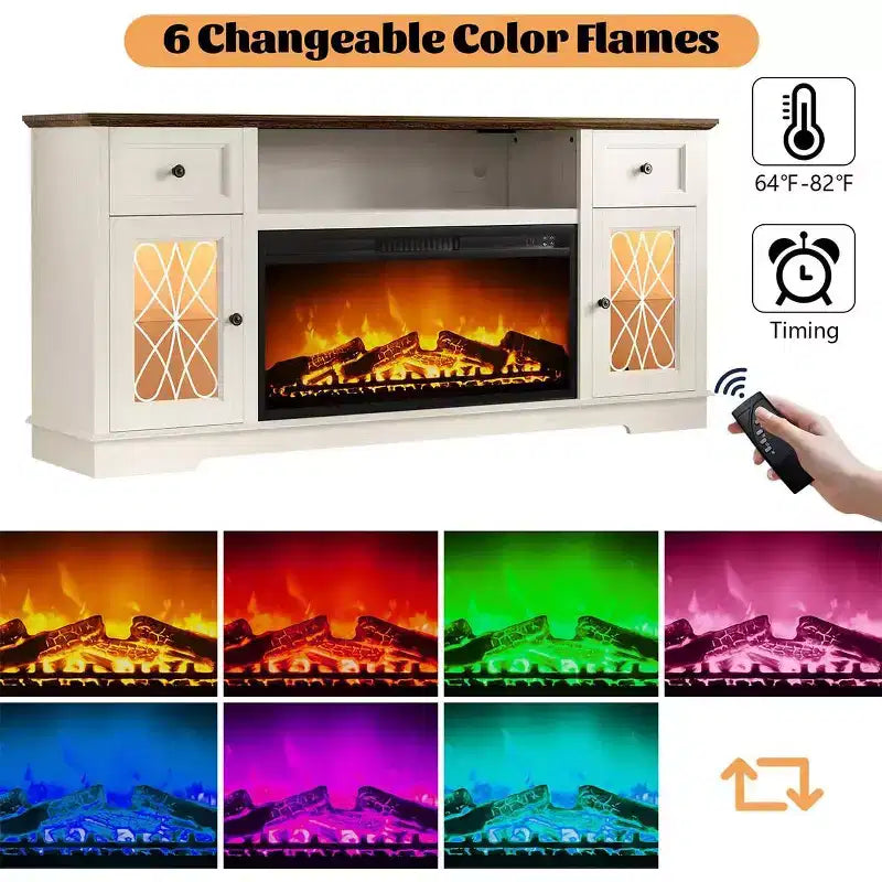 Meuble TV Dyonery avec cheminée pour téléviseur de 80 pouces, centre de divertissement avec cheminée et lumières LED, avec tiroirs de rangement et armoires pour salon, blanc