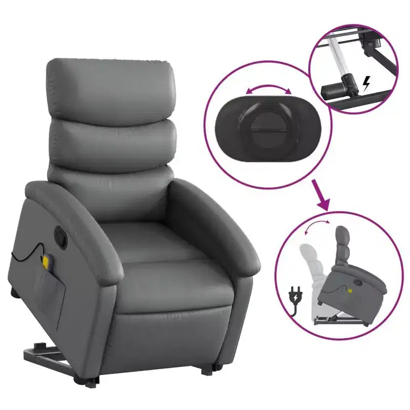 vidaXL Fauteuil inclinable de massage et releveur électrique en similicuir gris avec inclinaison manuelle – Siège confortable pour personnes âgées pour salon