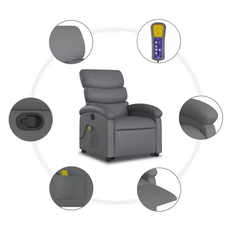 vidaXL Fauteuil inclinable de massage et releveur électrique en similicuir gris avec inclinaison manuelle – Siège confortable pour personnes âgées pour salon