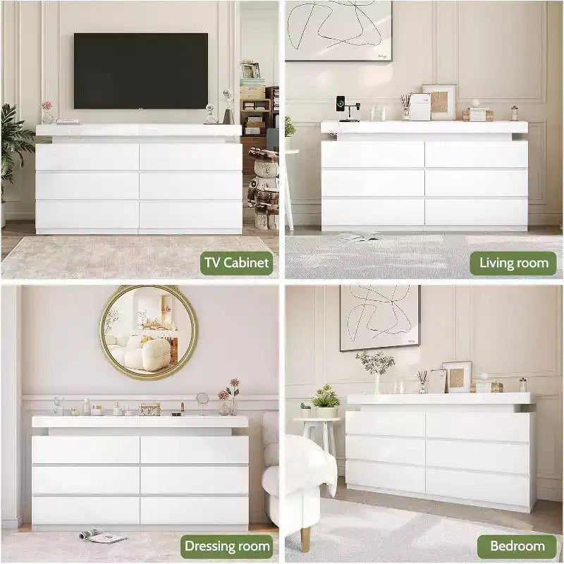 Dyonery modern 6-drawer dressing table - storage cabinet with LED lights, top sliding storage, bedroom, living room