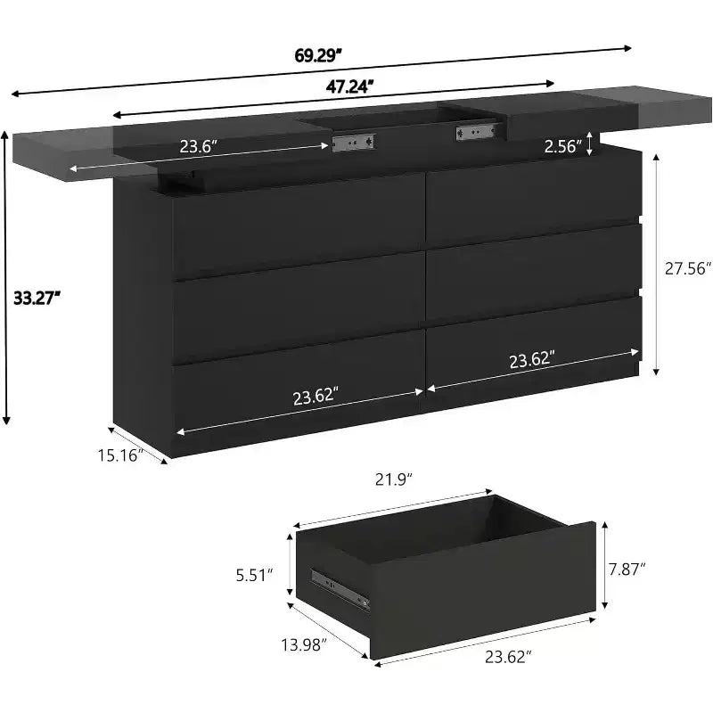 Dyonery modern 6-drawer dressing table - storage cabinet with LED lights, top sliding storage, bedroom, living room