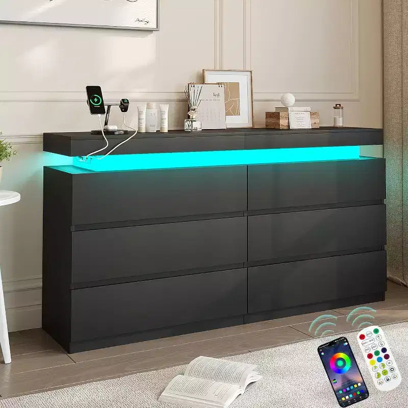 Dyonery modern 6-drawer dressing table - storage cabinet with LED lights, top sliding storage, bedroom, living room