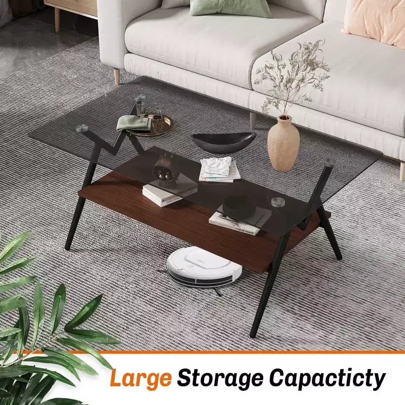 Table Basse à 2 Niveaux Okak Modern avec Plateau en Verre Trempé et Pieds en Métal Robustes, Table d'Appoint Centrale avec Étagère Ouverte pour Salon