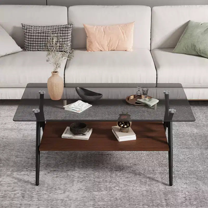 Table Basse à 2 Niveaux Okak Modern avec Plateau en Verre Trempé et Pieds en Métal Robustes, Table d'Appoint Centrale avec Étagère Ouverte pour Salon