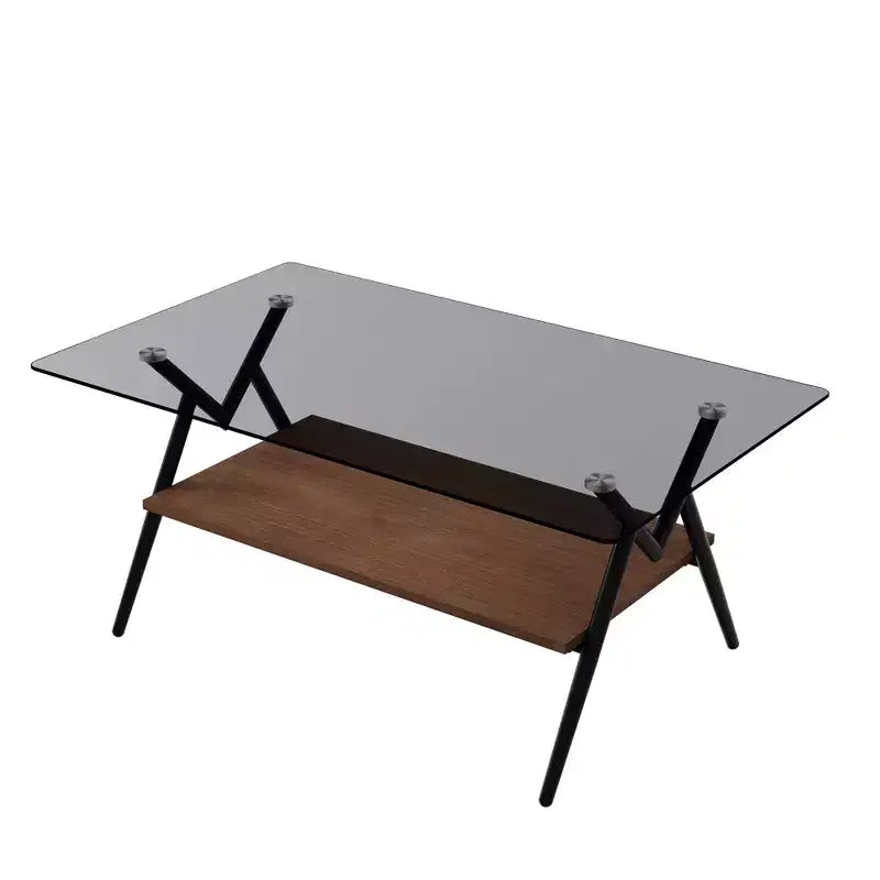 Table Basse à 2 Niveaux Okak Modern avec Plateau en Verre Trempé et Pieds en Métal Robustes, Table d'Appoint Centrale avec Étagère Ouverte pour Salon
