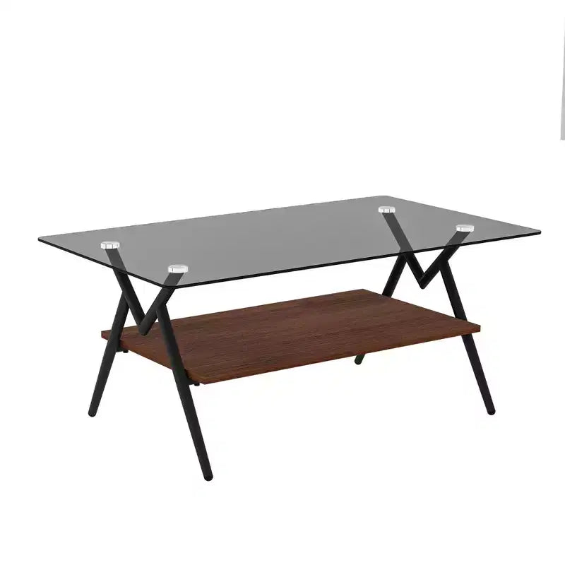 Table Basse à 2 Niveaux Okak Modern avec Plateau en Verre Trempé et Pieds en Métal Robustes, Table d'Appoint Centrale avec Étagère Ouverte pour Salon