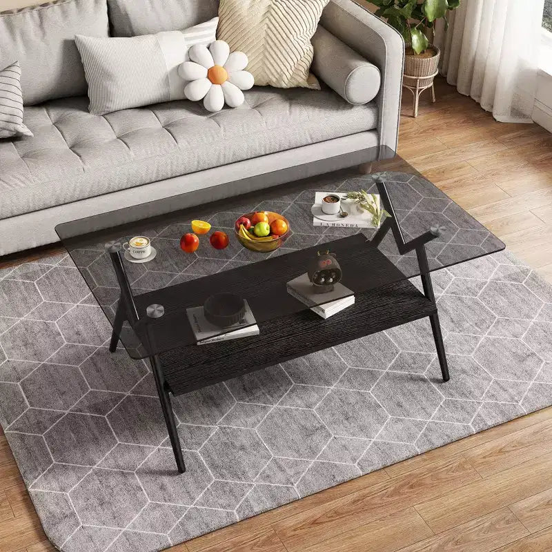 Table Basse à 2 Niveaux Okak Modern avec Plateau en Verre Trempé et Pieds en Métal Robustes, Table d'Appoint Centrale avec Étagère Ouverte pour Salon