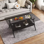 Table Basse à 2 Niveaux Okak Modern avec Plateau en Verre Trempé et Pieds en Métal Robustes, Table d'Appoint Centrale avec Étagère Ouverte pour Salon