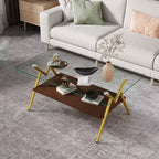 Table Basse à 2 Niveaux Okak Modern avec Plateau en Verre Trempé et Pieds en Métal Robustes, Table d'Appoint Centrale avec Étagère Ouverte pour Salon