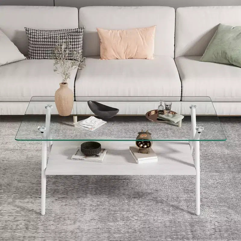 Table Basse à 2 Niveaux Okak Modern avec Plateau en Verre Trempé et Pieds en Métal Robustes, Table d'Appoint Centrale avec Étagère Ouverte pour Salon