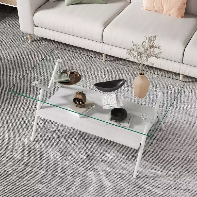 Table Basse à 2 Niveaux Okak Modern avec Plateau en Verre Trempé et Pieds en Métal Robustes, Table d'Appoint Centrale avec Étagère Ouverte pour Salon