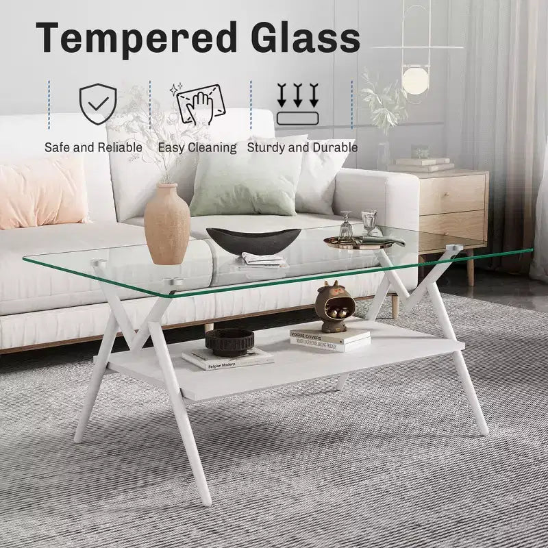 Table Basse à 2 Niveaux Okak Modern avec Plateau en Verre Trempé et Pieds en Métal Robustes, Table d'Appoint Centrale avec Étagère Ouverte pour Salon