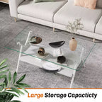 Table Basse à 2 Niveaux Okak Modern avec Plateau en Verre Trempé et Pieds en Métal Robustes, Table d'Appoint Centrale avec Étagère Ouverte pour Salon