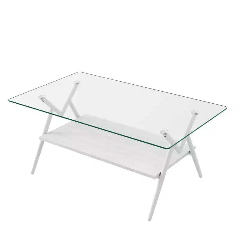 Table Basse à 2 Niveaux Okak Modern avec Plateau en Verre Trempé et Pieds en Métal Robustes, Table d'Appoint Centrale avec Étagère Ouverte pour Salon