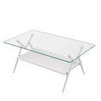 Table Basse à 2 Niveaux Okak Modern avec Plateau en Verre Trempé et Pieds en Métal Robustes, Table d'Appoint Centrale avec Étagère Ouverte pour Salon
