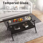 Table Basse à 2 Niveaux Okak Modern avec Plateau en Verre Trempé et Pieds en Métal Robustes, Table d'Appoint Centrale avec Étagère Ouverte pour Salon