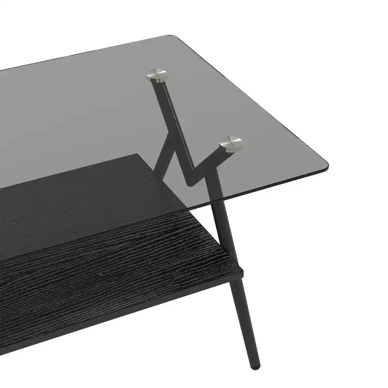 Table Basse à 2 Niveaux Okak Modern avec Plateau en Verre Trempé et Pieds en Métal Robustes, Table d'Appoint Centrale avec Étagère Ouverte pour Salon
