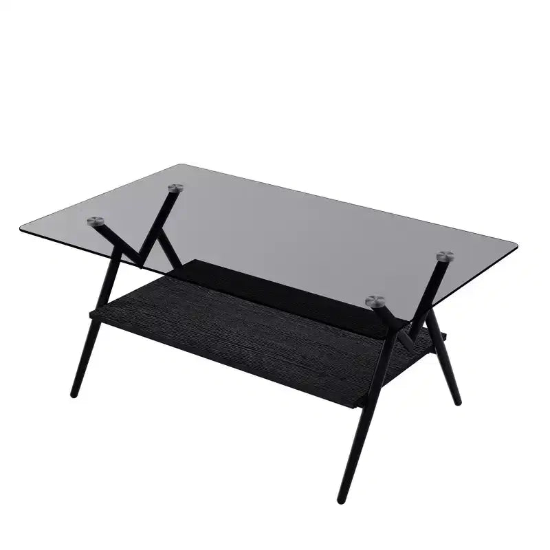 Table Basse à 2 Niveaux Okak Modern avec Plateau en Verre Trempé et Pieds en Métal Robustes, Table d'Appoint Centrale avec Étagère Ouverte pour Salon