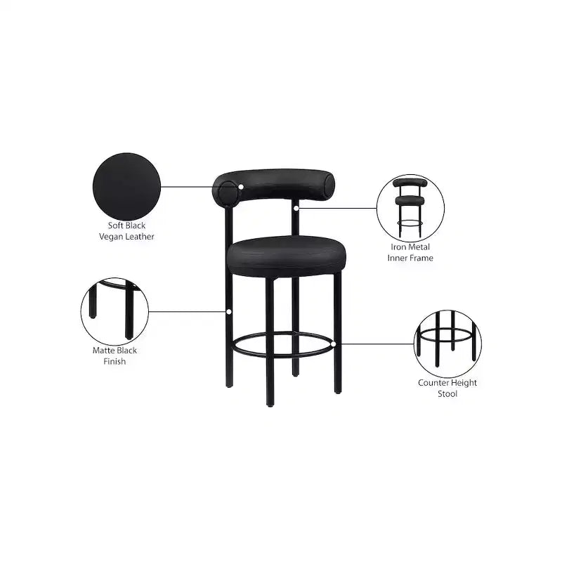 Tabouret de comptoir Meridian Furniture, en similicuir vegan noir Bordeaux, ensemble de 2