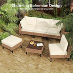 Ensemble de conversation d'extérieur en osier Real Relax 6 pièces, salon de jardin bohème avec table en HDPE et coussins épais résistants à l'eau, beige