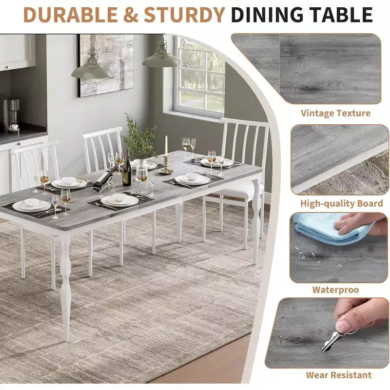 Table à manger rectangulaire pour 6 personnes, table de cuisine de 198 cm de long avec grand plateau, table de salle à manger en bois et bureau à dîner pour les fêtes, les grandes familles, gris + blanc