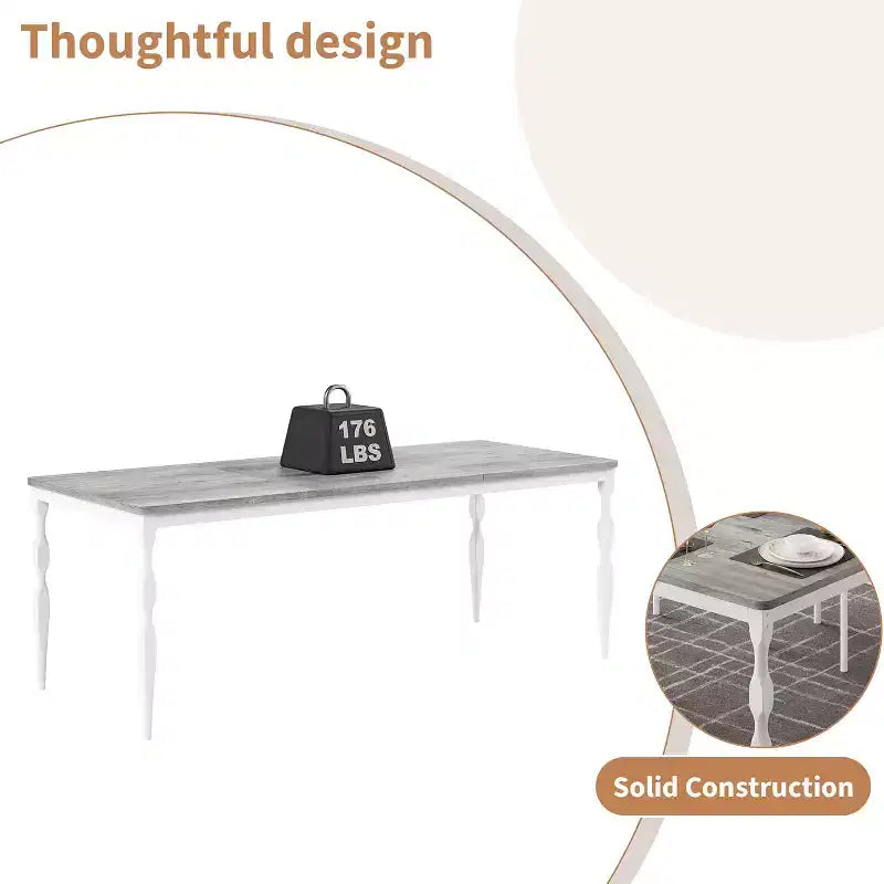 Table à manger rectangulaire pour 6 personnes, table de cuisine de 198 cm de long avec grand plateau, table de salle à manger en bois et bureau à dîner pour les fêtes, les grandes familles, gris + blanc