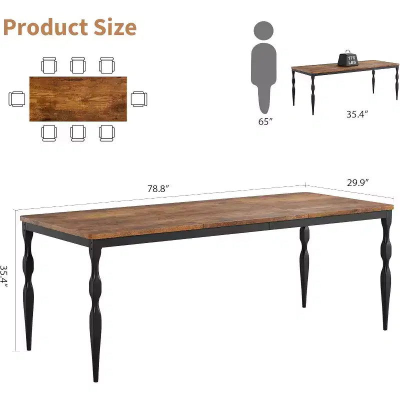 Table à manger rectangulaire pour 6 personnes, table de cuisine de 198 cm de long avec grand plateau, table de salle à manger en bois et bureau à dîner pour les fêtes, les grandes familles, gris + blanc