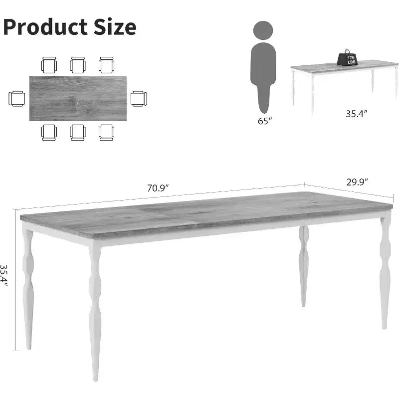 Table à manger rectangulaire pour 6 personnes, table de cuisine de 198 cm de long avec grand plateau, table de salle à manger en bois et bureau à dîner pour les fêtes, les grandes familles, gris + blanc