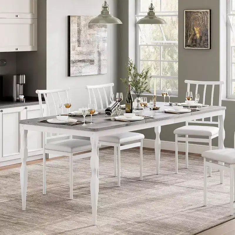 Table à manger rectangulaire pour 6 personnes, table de cuisine de 198 cm de long avec grand plateau, table de salle à manger en bois et bureau à dîner pour les fêtes, les grandes familles, gris + blanc