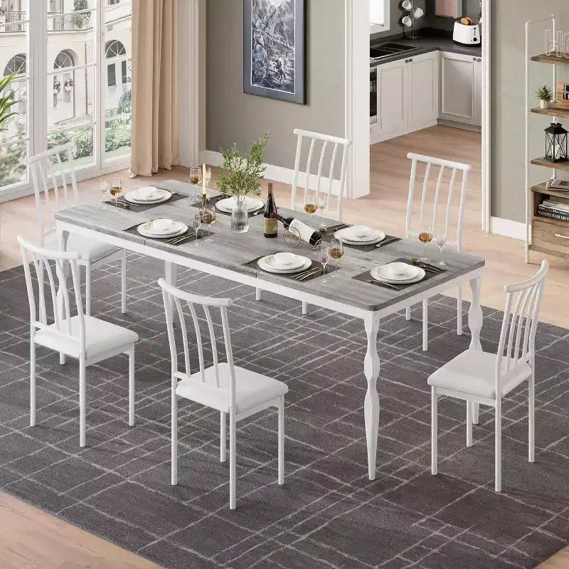 Table à manger rectangulaire pour 6 personnes, table de cuisine de 198 cm de long avec grand plateau, table de salle à manger en bois et bureau à dîner pour les fêtes, les grandes familles, gris + blanc