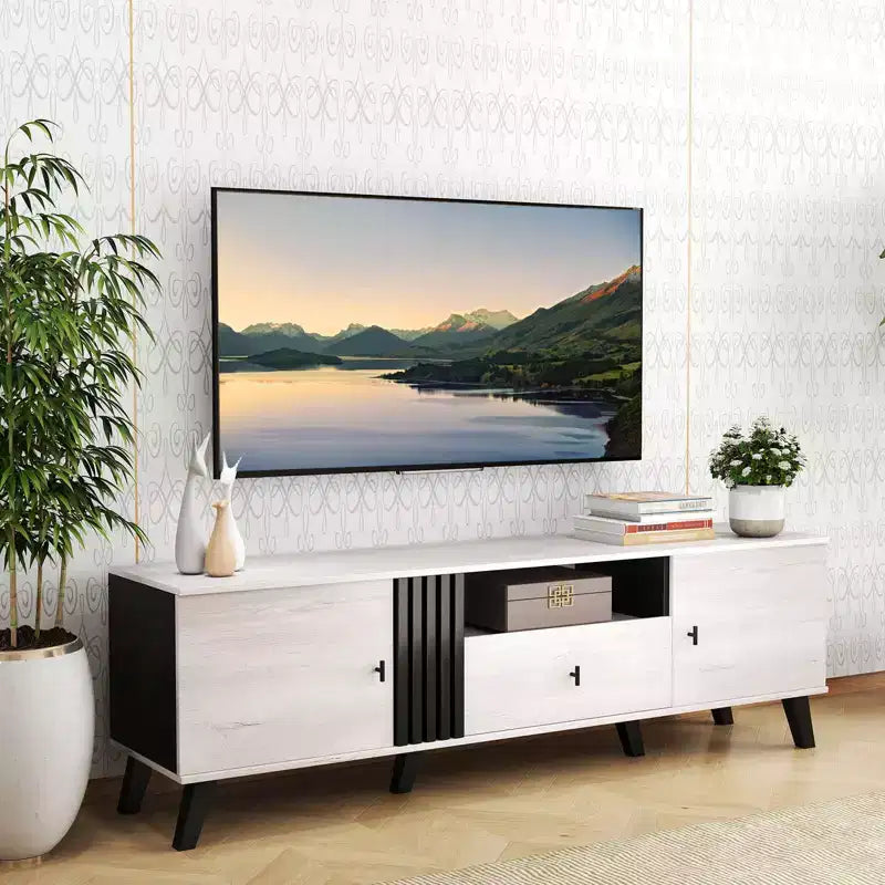 Costway Mid Century Modern TV Stand for 80 TVs with Open Shelf 2 Side Cabinets