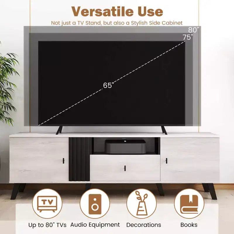 Costway Mid Century Modern TV Stand for 80 TVs with Open Shelf 2 Side Cabinets