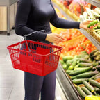 VEVOR Panier de courses, lot de 12, 21 L, en plastique durable, avec poignée métallique et support, 42,5 x 30,5 x 21,8 cm, portable, rouge